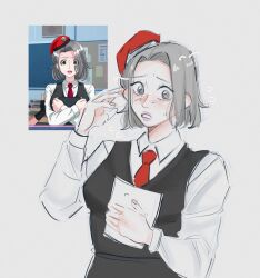beret black_vest eyelashes fingernails grey_eyes grey_vest hand_up hat humanization lips long_sleeves matching_hair/eyes necktie nigou_(hundred_line) open_mouth parted_hair red_hat red_necktie screenshot_inset shirt simple_background solo solo_focus teeth the_hundred_line_-last_defense_academy- vest white_background white_shirt