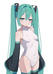 absurdres aqua_eyes aqua_hair black_sleeves black_thighhighs breasts covered_navel detached_sleeves funakinuta hair_between_eyes hatsune_miku heattech_leotard highres leotard long_hair looking_at_viewer simple_background small_breasts thighhighs turtleneck twintails very_long_hair vocaloid white_background white_leotard