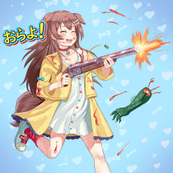 1girl :d ^_^ aiming animal_ears blood blood_on_clothes blood_on_face blood_splatter bone_hair_ornament brown_hair choker closed_eyes collarbone commentary crossover dog_ears dog_girl dog_tail doom_(series) dress english_commentary extra_ears firing gun hair_between_eyes hair_ornament hairclip holding holding_gun holding_weapon hololive hood hooded_jacket imp_(doom) inugami_korone inugami_korone_(1st_costume) jacket kikino kneehighs long_hair long_sleeves mutilation open_mouth red_socks running shoes shotgun sidelocks smile sneakers socks solo tail translation_request virtual_youtuber weapon white_dress yellow_jacket