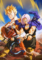 2boys aura blonde_hair blue_eyes dragon_ball green_eyes long_hair master_and_apprentice master_and_pupil multiple_boys muscular muscular_male purple_hair scar scar_on_face scratches serious son_gohan_(future) spiked_hair super_saiyan sword torn_clothes trunks_(dragon_ball) trunks_(future)_(dragon_ball) watch weapon