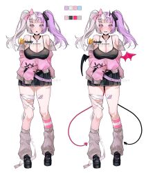 1girl :o bandages bandaid belt black_choker black_footwear black_shirt black_skirt black_tank_top blue_eyes blush boosty_logo boosty_username bow breasts choker cleavage color_guide color_guide colored_skin demon demon_girl demon_tail demon_wings evil_grin evil_smile fashion gradient_eyes grin hair_bow hair_ornament hairclip hanging_breasts harajuku_fashion heart heart_tattoo hood hoodie jacket jewelry large_breasts leg_tattoo leg_warmers long_bangs mini_wings mole multicolored_eyes multicolored_hair multicolored_skin nakony necklace off_shoulder original pink_bow pink_eyes pink_jacket platform_footwear pleated_skirt purple_hair shirt single_sock skirt small_horns smile socks solo sticker striped_clothes striped_socks tail tank_top tattoo thighs twintails two-tone_hair two-tone_skin watermark white_background white_hair wings