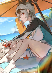 Rule 34 | 1girl, absurdres, alternate costume, bare legs, barefoot, beach umbrella, black horns, blue sky, breasts, bubble tea, cleavage, commentary, cup, curled horns, day, disposable cup, diving suit, drinking straw, ear piercing, english commentary, eyewear on head, feet, food, from side, fruit, grey hair, highres, holding, holding cup, horns, large breasts, legs, long hair, looking at viewer, md5 mismatch, mole, mole on breast, multicolored hair, outdoors, parted lips, piercing, red eyes, ryeon (naturesan), sand castle, sand sculpture, shutter shades, sideways glance, sitting, sky, solo, starfish, streaked hair, surfboard, toes, umbrella, watermelon, wuthering waves, zani (wuthering waves)