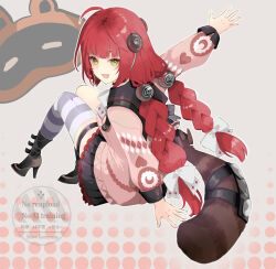 1girl :d animal_on_back black_boots black_sailor_collar black_skirt boots bow braid breasts cable cardigan commentary_request fingernails full_body green_eyes hair_bow hair_ornament high_heel_boots high_heels komesiwo_syumi long_hair long_sleeves looking_at_viewer looking_back low_twin_braids open_mouth pink_cardigan pleated_skirt raccoon red_hair sailor_collar simple_background single_thighhigh skirt smile solo striped_clothes striped_thighhighs thigh_strap thighhighs twin_braids ukinami_yuzuha white_bow zenless_zone_zero