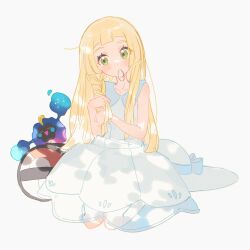 Rule 34 | 1girl, blonde hair, braiding hair, commentary, cosmog, dress, fua1heyvot4ifsr, full body, gen 7 pokemon, green eyes, hair tie in mouth, hairdressing, highres, legendary pokemon, lillie (pokemon), long hair, mouth hold, nintendo, pokemon, pokemon (creature), pokemon sm, seiza, sitting, sleeveless, sleeveless dress, symbol-only commentary, white background, white dress