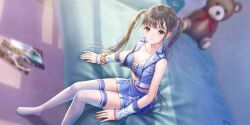 Rule 34 | azumi nanaka, bare arms, bedroom, belt, blue reflection (series), blue reflection sun, blue skirt, blue vest, blue wrist cuffs, blurry, blurry background, breasts, breasts apart, brown hair, closed mouth, collarbone, crop top, from above, game cg, grey eyes, highres, indoors, kishida mel, long hair, looking at viewer, magazine (object), medium breasts, midriff, no shoes, non-web source, official art, on bed, print skirt, purple belt, rug, scrunchie, skirt, star (symbol), star print, stuffed animal, stuffed toy, swept bangs, tearing up, teddy bear, thighhighs, twintails, very long hair, vest, white thighhighs, wrist cuffs, wrist scrunchie, yellow scrunchie