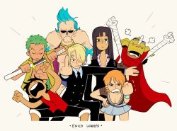 Rule 34 | 2girls, 5boys, black dress, black hair, black suit, blonde hair, blue hair, cape, cesel, clenched hands, closed mouth, commentary, curly eyebrows, dress, english commentary, formal clothes, franky (one piece), green hair, hand on own hip, holding, holding sword, holding weapon, log pose, long hair, looking at viewer, mask, middle finger, monkey d. luffy, multiple boys, multiple girls, nami (one piece), nami (one piece) (enies lobby), nico robin, nico robin (water 7), one piece, orange hair, pompadour, red cape, red shirt, roronoa zoro, sanji (one piece), shirt, short hair, skirt, sleeveless, sogeking, straw hat pirates, suit, sunglasses, sword, tears, usopp, weapon