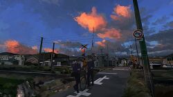 2boys bag banakotakemaru bicycle black_pants blue_sky building cloud cloudy_sky film_grain grey_sweater highres house multiple_boys open_mouth original outdoors pants perspective power_lines pushing_bicycle railroad_crossing railroad_signal railroad_tracks road scenery shoulder_bag sign sky street sweater town traffic_light utility_pole wide_shot