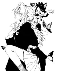 1girl :3 aerith_gainsborough animal animal_on_shoulder braid braided_ponytail butterfly_wings cait_sith_(final_fantasy) cape cat cat_on_shoulder closed_eyes closed_mouth crown demonerith feet_out_of_frame final_fantasy final_fantasy_vii final_fantasy_vii_remake gloves hair_ribbon highres insect_wings mini_crown miniskirt parted_bangs paw_pose ribbon sidelocks single_braid sketch skirt socks tuxedo_cat two-tone_fur wavy_hair white_background white_gloves wings
