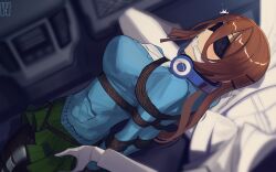 1girl 1other arms_behind_back bdsm black_blindfold black_pantyhose blindfold blue_cardigan blush bondage bound bound_arms bound_legs bound_wrists breasts brown_hair cad_(caddo) cardigan cleave_gag cloth_gag commentary commission crotch_rope english_commentary gag gagged go-toubun_no_hanayome grabbing_another&#039;s_ass green_skirt groping hair_between_eyes headphones headphones_around_neck highres improvised_gag kidnapping knot_gag lap_pillow large_breasts long_hair nakano_miku pantyhose pixiv_commission restrained rope second-party_source sex_toy shibari shirt skirt solo_focus surprised vibrator white_shirt