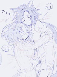 2girls ahoge air_shakur_(umamusume) animal_ears blue_theme bow closed_eyes closed_mouth commentary_request ear_ribbon ears_down eyebrow_piercing frilled_pajamas frills hand_on_another&#039;s_arm heads_together highres horse_ears horse_girl long_hair lying meisho_doto_(umamusume) midriff monochrome multiple_girls off_shoulder on_side pajamas piercing setsumeika shared_bed sheep shorts sleeping tank_top u_u umamusume
