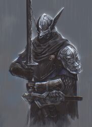 1boy armor belt black_scarf breastplate chainmail commentary_request cowboy_shot elden_ring elden_ring_nightreign faulds full_armor gloves graffitigw grey_background greyscale helmet highres holding holding_sword holding_weapon knight male_focus monochrome pauldrons rain scarf shoulder_armor solo sword weapon winged_helmet wylder_(elden_ring)
