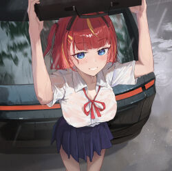 1girl 20cnanmin arm_up bag blonde_hair blue_eyes blue_skirt blush breasts car chinese_commentary commentary_request from_above highres holding holding_bag large_breasts looking_at_viewer looking_up motor_vehicle multicolored_hair neck_ribbon one_side_up outdoors pleated_skirt rain red_hair red_ribbon ribbon school_uniform see-through_clothes see-through_shirt shirt short_sleeves skirt smile snowbreak:_containment_zone solo standing streaked_hair wet wet_clothes wet_shirt white_shirt