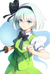 1girl black_bow black_bowtie black_hairband blue_eyes bob_cut bow bowtie breasts collared_shirt commentary_request cowboy_shot ghost green_skirt green_vest grey_hair hairband highres hitodama hitodama_print katana konpaku_youmu konpaku_youmu_(ghost) puffy_short_sleeves puffy_sleeves shirt short_hair short_sleeves skirt skirt_set small_breasts solo sword touhou vest wakadori1234 weapon white_shirt