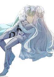 1boy 1girl anastasia_(fate) bare_shoulders blue_cloak cloak closed_eyes fate/grand_order fate_(series) fur-trimmed_jacket fur_trim grey_hair highres hug jacket kadoc_zemlupus lemon_ice long_hair long_sleeves pants royal_robe shoes simple_background sitting very_long_hair white_background white_hair white_jacket white_pants white_shoes