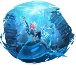 1girl absurdres ahoge air_bubble arm_support assault_rifle bent_over blue_bodysuit bodysuit breasts bubble closed_mouth expressionless fins fish fish_skeleton fish_tail fuchsia_(strinova) full_body gun hair_intakes highres holding holding_gun holding_weapon leaning_forward long_legs medium_breasts official_alternate_costume official_art outdoors pink_eyes pink_hair riding rifle shark short_hair solo strinova tail thighhighs underwater water weapon white_thighhighs