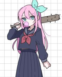 1girl alternate_costume aubrey_(faraway)_(omori) aubrey_(omori) baseball_bat black_skirt blowing_bubbles blue_eyes chewing_gum hairband highres holding holding_baseball_bat kiimorisame long_hair long_skirt long_sleeves nail nail_(hardware) nail_bat neckerchief omori pink_hair pleated_skirt red_neckerchief school_uniform skirt solo
