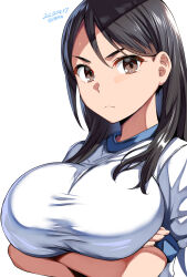 1girl a_certain_high_school_gym_uniform arms_under_breasts belko black_hair breasts brown_eyes crossed_arms dated frown fukiyose_seiri gym_uniform hair_between_eyes highres huge_breasts long_hair looking_at_viewer shirt short_sleeves solo toaru_majutsu_no_index twitter_username upper_body white_background white_shirt
