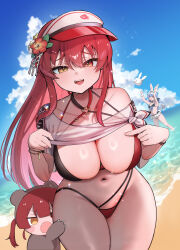 Rule 34 | 2girls, :d, absurdres, animal ears, beach, bikini, bikini under clothes, black bikini, blue hair, blue sky, bracelet, breasts, cleavage, clothes lift, cloud, commentary, commentary request, criss-cross halter, cumulonimbus cloud, day, english commentary, flower, frilled bikini, frills, hair flower, hair ornament, halterneck, heart, heart o-ring, heterochromia, highres, hololive, holonatsu paradise, houshou kumarine, houshou marine, houshou marine (holonatsu paradise), houshou marine (summer), jewelry, large breasts, long hair, looking at viewer, maid headdress, mixed-language commentary, multi-strapped bikini bottom, multi-strapped bikini top, multiple girls, navel, o-ring, o-ring bikini, official alternate costume, official alternate hairstyle, open mouth, outdoors, pekomon (usada pekora), rabbit ears, rabbit girl, rabbit tail, red bikini, red eyes, red hair, shirt, shirt lift, sidelocks, siose tamotsu, sky, smile, solo focus, stomach, swimsuit, t-shirt, tail, teeth, tied shirt, twintails, upper teeth only, usada pekora, usada pekora (holonatsu paradise), very long hair, virtual youtuber, visor cap, white hair, white shirt, yellow eyes