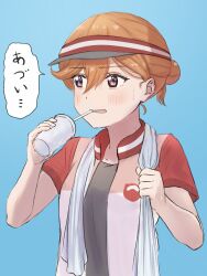 Rule 34 | 1girl, absurdres, black shirt, blush, collarbone, commentary, drinking straw, drinking straw in mouth, flipped bangs, gomadare4869, hair between eyes, hair bun, highres, hot, jacket, lone nape hair, love live!, love live! superstar!!, official alternate costume, open clothes, open jacket, orange hair, parted lips, ponytail, purple eyes, red sleeves, shibuya kanon, shirt, short-sleeved jacket, short hair, short ponytail, short sleeves, single side bun, solo, speech bubble, sweat, towel, towel around neck, translation request, upper body, visor cap, white jacket