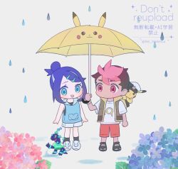 1boy 1girl :d brown_vest captain_pikachu chibi commentary gen_1_pokemon hair_bun hair_ornament hairclip holding liko_(pokemon) nintendo open_clothes open_mouth open_vest pikachu pokemon pokemon_(anime) pokemon_(creature) pokemon_horizons rain rei_hinketsu shirt shoes short_sleeves shorts smile socks standing swept_bangs symbol-only_commentary t-shirt terapagos twitter_username umbrella vest water_drop watermark white_shirt