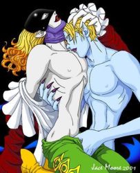 2boys blonde_hair blue_skin colored_skin demon digimon lowres male_focus monster multiple_boys pale_skin piemon smile tagme vamdemon vampire yaoi