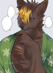 1boy aizawa_(nh_st) blonde_hair blue_eyes body_fur brown_fur brown_hair claws colored_tips commentary_request furry furry_male green_kimono grey_background hand_up highres japanese_clothes kimono looking_at_viewer male_focus multicolored_hair muscular muscular_male open_clothes open_kimono original scar scar_on_chest short_hair simple_background solo upper_body wolf_boy