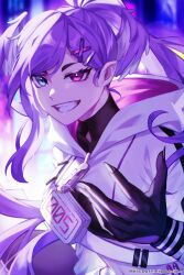 Rule 34 | 1girl, artist name, blue eyes, commentary, english commentary, english text, hair ornament, hairclip, head wings, highres, hood, hoodie, long hair, looking at viewer, nijisanji, nijisanji en, papercider, pointy ears, ponytail, purple eyes, purple hair, purple theme, selen tatsuki, smile, solo, upper body, virtual youtuber, white hoodie, wings