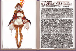 blush boots braid breasts brown_hair candle candlegeist_(monster_girl_encyclopedia) cape character_name character_profile colored_skin epaulettes fire hair_over_one_eye high_heel_boots high_heels kenkou_cross large_breasts looking_at_viewer medium_hair monster_girl monster_girl_encyclopedia multicolored_hair official_art orange_eyes thigh_boots translation_request two-tone_hair wax wax_girl white_hair white_skin