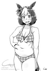 1girl alternate_body_size animal_ears belly_grab bow breasts flower hair_flower hair_ornament hairclip highres holding_belly horse_ears horse_girl horse_tail medium_breasts medium_hair navel official_alternate_costume plaid_clothes plump shigekikkusu simple_background solo special_week_(hopping_vitamin_heart)_(umamusume) special_week_(umamusume) swimsuit tail thighs umamusume weight_conscious weight_gain