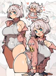 &gt;_&lt; 1girl afterimage ahoge bare_shoulders blue_eyes blush breasts chibi cowboy_shot cropped_jacket elphelt_valentine grey_hair guilty_gear guilty_gear_strive highres itsuka_neru jacket large_breasts leotard multiple_views off_shoulder open_clothes open_jacket pink_hair pink_jacket short_hair sideboob white_leotard zoom_layer