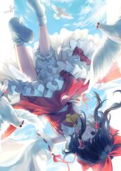 1girl ascot bird black_hair bloomers blue_sky bow brown_eyes cloud commentary_request day detached_sleeves dove falling_feathers feathers flying frilled_bow frilled_hair_tubes frills hair_bow hair_tubes hakurei_reimu highres long_hair looking_at_viewer outdoors red_bow red_skirt ribbon-trimmed_sleeves ribbon_trim sasami_(shiroi_fuwafuwa) signature skirt skirt_set sky socks solo touhou underwear upside-down white_bird white_bloomers white_feathers white_socks yellow_ascot