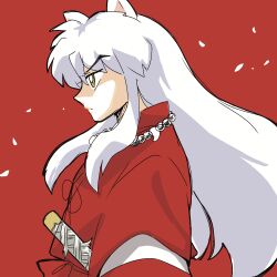 1boy animal_ears closed_mouth dog_ears from_side grey_hair highres inuyasha inuyasha_(character) japanese_clothes jewelry kimono long_hair long_sleeves maaruutaa0 male_focus necklace red_background red_kimono sidelocks solo sword upper_body weapon yellow_eyes