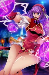 1girl absurdres andoryu andoryu_anzuru andoryuanzuru asamiya_athena bike_shorts bike_shorts_under_skirt breasts curvy dress female_focus fingerless_gloves gloves hairband highres jewelry large_breasts magic magical_girl open_mouth outdoors pale_skin purple_eyes purple_hair shiny_skin short_hair skirt smile smiley_face standing star_(symbol) the_king_of_fighters thick_thighs thighs wide_hips