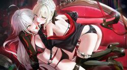 2girls absurdres artoria_pendragon_(fate) bare_shoulders bikini black_bikini blush breasts fate/grand_order fate_(series) highres jeanne_d&#039;arc_alter_(fate) jeanne_d&#039;arc_alter_(swimsuit_berserker)_(fate) large_breasts long_hair looking_at_viewer maid maid_bikini maid_headdress multiple_girls open_mouth red_thighhighs saber_alter saber_alter_(swimsuit_rider) saber_alter_(swimsuit_rider)_(second_ascension) smile swimsuit thighhighs unconventional_maid waligner yellow_eyes yuri