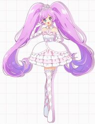 1girl bare_shoulders blush boots bow chii_(chi_pppuri) collar commentary_request detached_collar dress dress_bow elbow_gloves frilled_dress frilled_garter frills full_body gloves green_eyes grid_background hand_on_own_hip highres layered_dress legwear_garter long_hair looking_at_viewer manaka_laala outline pink_bow pretty_series pripara purple_hair short_dress sleeveless sleeveless_dress smile solo sparkle standing straight-on strapless thigh_boots thighhighs tiara v very_long_hair white_background white_boots white_collar white_dress white_gloves white_outline zettai_ryouiki