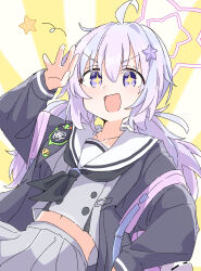+_+ 1girl :d ahoge backpack bag black_jacket black_neckerchief blue_archive blue_hair buttons collarbone commentary double-breasted fill_(fill_lemonn) grey_serafuku grey_shirt grey_skirt hair_between_eyes halo hand_up highres jacket light_blush long_hair long_sleeves looking_at_viewer low_twintails midriff multicolored_hair navel neckerchief open_clothes open_hand open_jacket open_mouth pink_hair pink_halo pleated_skirt purple_eyes reisa_(blue_archive) sailor_collar school_uniform serafuku shirt sidelocks skirt smile solo star_(symbol) star_halo sunburst sunburst_background trinity_general_school_logo twintails two-tone_hair upper_body white_sailor_collar yellow_background
