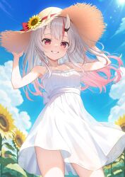 1girl :d alternate_costume bare_arms blue_sky breasts center-flap_bangs cloud day dress empire_waist field flower flower_field gradient_hair grey_hair grin hair_between_horns hat hat_flower highres hololive horns kotone_neruneru long_hair looking_at_viewer multicolored_hair nakiri_ayame oni open_mouth outdoors red_eyes red_hair see-through_clothes see-through_dress skin-covered_horns sky sleeveless sleeveless_dress small_breasts smile solo standing straw_hat streaked_hair sun_hat sundress sunflower virtual_youtuber white_dress