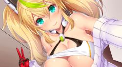 1girl alternate_costume aqua_eyes asamura_hiori bare_shoulders blonde_hair blush breasts cleavage commentary_request crop_top detached_sleeves dutch_angle female_focus gene_(pso2) green_hair hair_between_eyes halterneck highres large_breasts light_smile lips long_hair looking_at_viewer multicolored_hair out-of-frame_censoring phantasy_star phantasy_star_online_2 ribbed_sweater shiny_skin solo sweater twintails upper_body