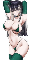 Rule 34 | 1girl, alternate costume, armpits, arms up, bikini, black hair, blue eyes, blunt bangs, choker, closed mouth, collarbone, commentary request, covered erect nipples, elbow gloves, gloves, green bikini, green choker, green gloves, green thighhighs, grey hair, highres, hololive, hololive dev is, juufuutei raden, long hair, looking at viewer, micro bikini, multicolored hair, navel, sakurein, simple background, smile, solo, standing, stomach, streaked hair, sweat, swimsuit, thighhighs, thighs, two-tone hair, virtual youtuber, white background