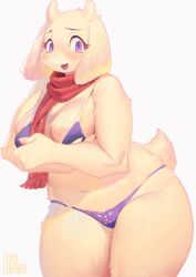 1girl bikini blue_eyes breasts female_focus furry furry_female goat highres inuki_(aruurara) mature_female medium_breasts open_mouth plump solo swimsuit thick_thighs thighs toriel undertale