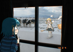 blonde_hair blue_hair cow holding holding_shovel looking_through_window mahou_shoujo_madoka_magica mahou_shoujo_madoka_magica_(anime) miki_sayaka okai_(pixiv6333) open_mouth shovel snow tagme tomoe_mami window