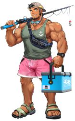 1boy bara biceps black_hair blonde_hair cooler earrings eyewear_around_neck facial_hair fanny_pack fishing_rod full_body goatee green_sandals green_tank_top grin jewelry kiloc_(live_a_hero) large_pectorals live_a_hero male_focus male_swimwear multicolored_hair muscular muscular_male official_art pectorals pink_male_swimwear ring sandals smile solo suamaru tank_top thick_eyebrows toes transparent_background two-tone_hair veins veiny_hands watch wristwatch