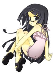 1girl black_hair black_sandals blue_eyes breasts frilled_one-piece_swimsuit frills full_body highres hime_cut long_hair one-piece_swimsuit original pink_one-piece_swimsuit sandals semi-rimless_eyewear simple_background small_breasts smile solo swimsuit veloexotica white_background