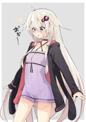 ahoge black_choker blush border choker collarbone commentary cosplay costume_switch dress grey_background hair_ornament highres ia_(vocaloid) jacket long_hair looking_down open_clothes open_jacket outstretched_arms purple_dress sparkle vocaloid white_border zooanime