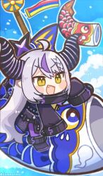 1girl :d ahoge artist_name blue_sky blush_stickers braid braided_bangs chibi chibi_only cloud collar commentary fang highres hololive horns kodomo_no_hi koinobori la+_darknesss la+_darknesss_(1st_costume) large_horns long_hair metal_collar multicolored_hair open_mouth pointy_ears purple_hair same_anko single_hair_streak sky sleeves_past_fingers sleeves_past_wrists smile solo striped_horns twitter_username two-tone_hair very_long_hair very_long_sleeves virtual_youtuber white_hair wide_sleeves windsock yellow_eyes
