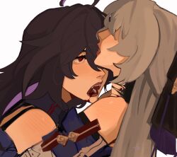 2girls ahoge black_hair blood blood_in_mouth bronya_rand commentary english_commentary fangs grey_hair highres honkai:_star_rail honkai_(series) long_hair multiple_girls no_eyes open_mouth portrait red_eyes red_lips seele_(honkai:_star_rail) simple_background slit_pupils trashgremlinn vampire white_background yuri
