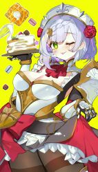 Rule 34 | 1girl, ;p, absurdres, armor, armored dress, ascot, atsumi jun, black pantyhose, blush, boobplate, braid, breastplate, breasts, cleavage, commentary request, cowboy shot, dress, flower, food, frilled dress, frills, gauntlets, genshin impact, green eyes, grey hair, hair flower, hair ornament, highres, holding, holding plate, large breasts, looking at viewer, macaron, maid, maid headdress, noelle (genshin impact), one eye closed, pancake, pancake stack, pantyhose, plate, red ascot, red flower, red rose, rose, short hair, shoulder armor, smile, solo, standing, star (symbol), tongue, tongue out, waffle, whisk, yellow background