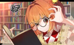 1girl adjusting_eyewear apron bell bespectacled book bookshelf checkered_clothes checkered_kimono closed_mouth clothes_writing commentary_request commission glasses hair_bell hair_ornament hand_on_eyewear highres holding holding_book japanese_clothes jingle_bell keiki8296 kimono motoori_kosuzu open_book orange_eyes orange_hair reading skeb_commission solo squiggle sweatdrop touhou yellow_apron
