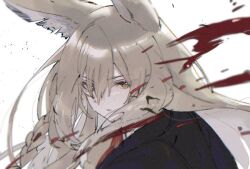 Rule 34 | 1girl, animal ear fluff, animal ears, arknights, black jacket, blonde hair, blood, blood spray, braid, chromatic aberration, commentary, film grain, hair between eyes, jacket, konota ko, long hair, looking at viewer, parted lips, portrait, solo, symbol-only commentary, twitter username, vulpisfoglia (arknights), watermark, white background, yellow eyes
