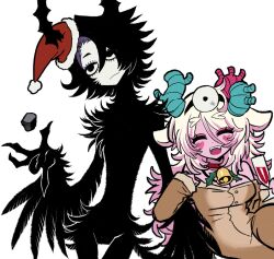 2girls alcohol animal_costume animal_ears black_eyes black_feathers black_hair black_wings christmas claws coal colored_inner_hair commentary_request cup drinking_glass fangs feathered_wings feathers harpy hat head_tilt highres horns horns_through_headwear kakke666 korean_commentary locked_arms monster_girl multicolored_hair multiple_girls original purple_hair reindeer_costume santa_hat short_hair simple_background white_background white_hair wine wine_glass winged_arms wings